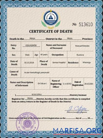 Realistic Cabo Verde death certificate PSD template